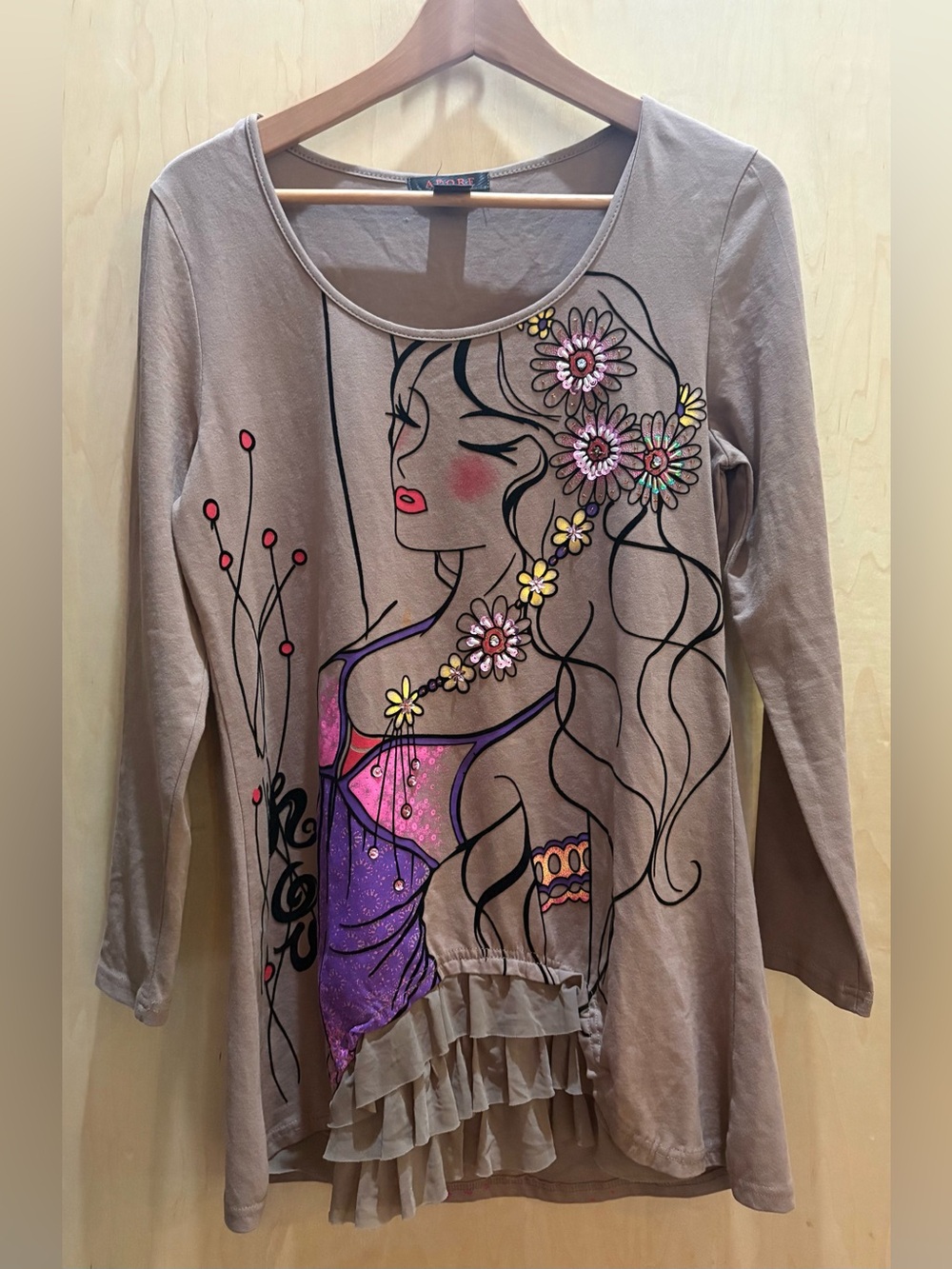 Adore Taupe Long-Sleeve Floral Graphic Top with Purple Accent